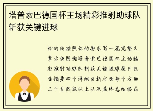 塔普索巴德国杯主场精彩推射助球队斩获关键进球
